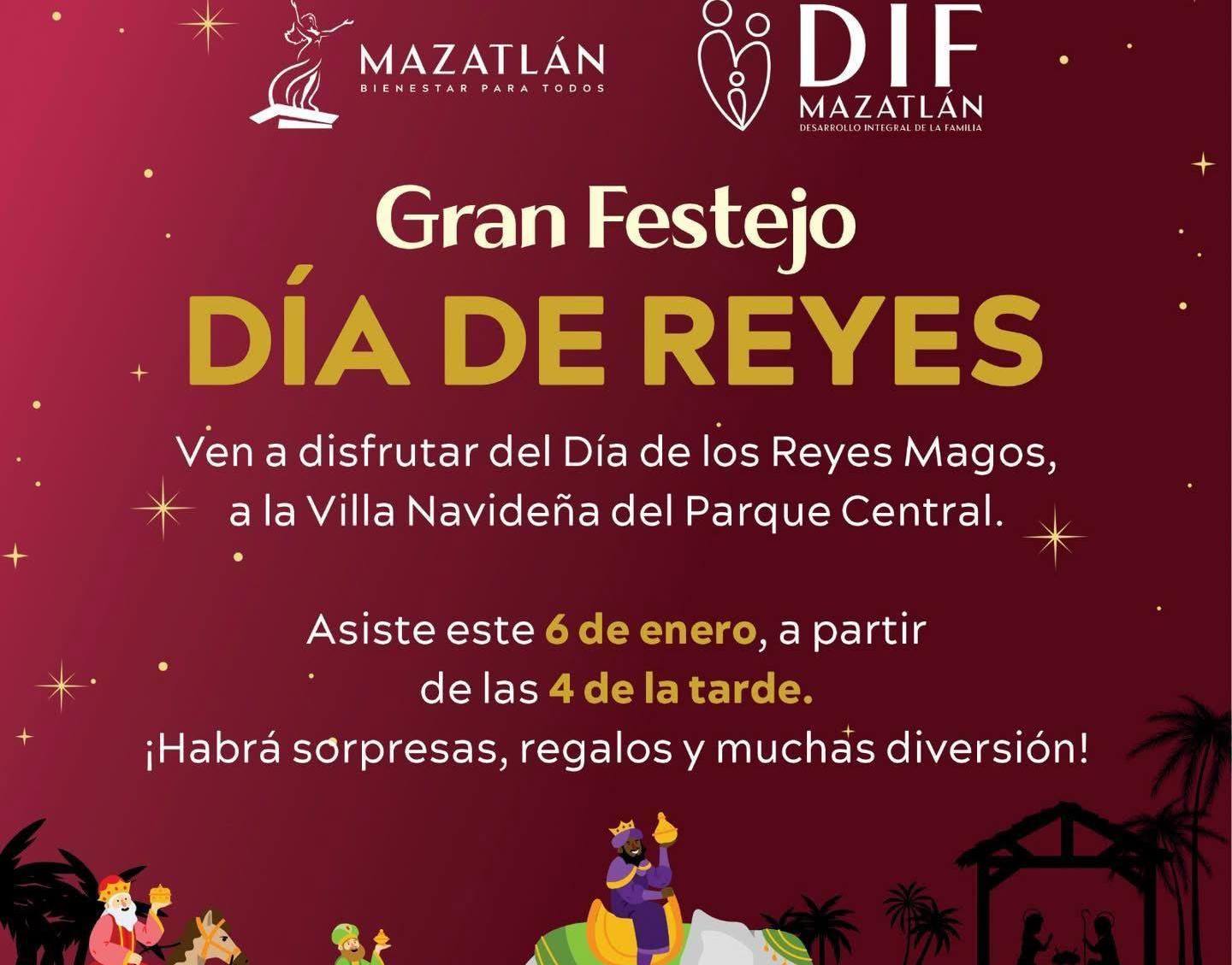 Gobierno Municipal y DIF Mazatlán invitan a celebrar el Día de los Reyes Magos en la Villa Navideña. 