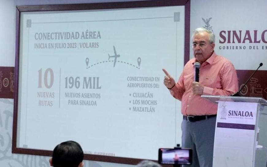 El gobernador, Rubén Rocha Moya anuncia 10 nuevas rutas de vuelos comerciales para Sinaloa.